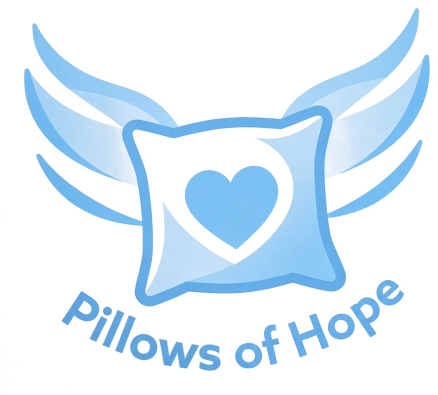 Pillows of Hope logo: a blue pillow with a heart and wings
